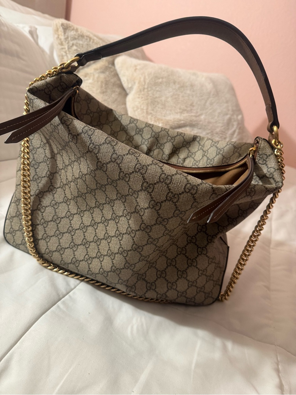 Gucci Brown GG Supreme Canvas Tote with Gold Chain Strap - Picture 6 of 11